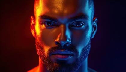 Serious Man In Dark Studio With Neon Light: Futuristic Ion Portrait. Captured In A Studio Shot With A Futuristic Vibe.