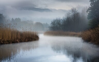 Fototapeta premium Foggy Riverbend, Misty river reflecting foggy landscape at dawn.