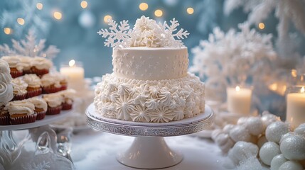 Fototapeta premium Elegant winter wedding cake adorned with snowflakes and surrounded by delicious cupcakes in a cozy festive setting. Generative AI