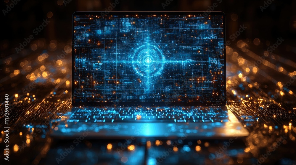 Poster laptop displaying futuristic digital target interface.