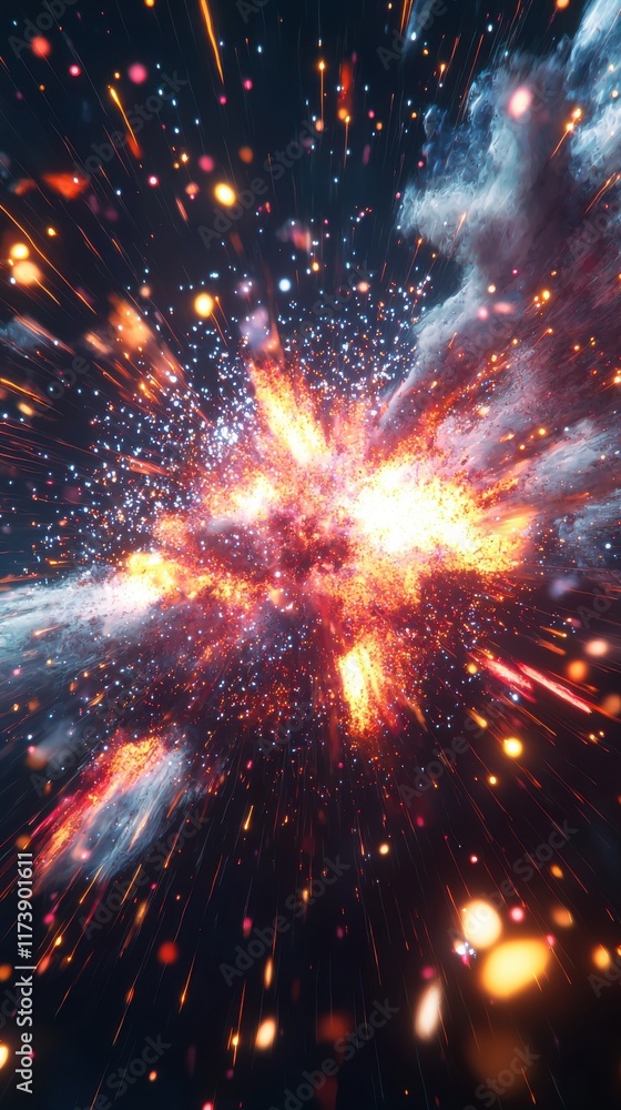 Poster dynamic galaxy explosion with shimmering particles in space abstract art cosmic environment high-ene