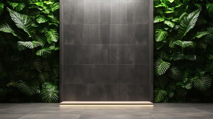 Spa shower with soft glow underfloor lighting, mist effects, and a tropical greenery backdrop