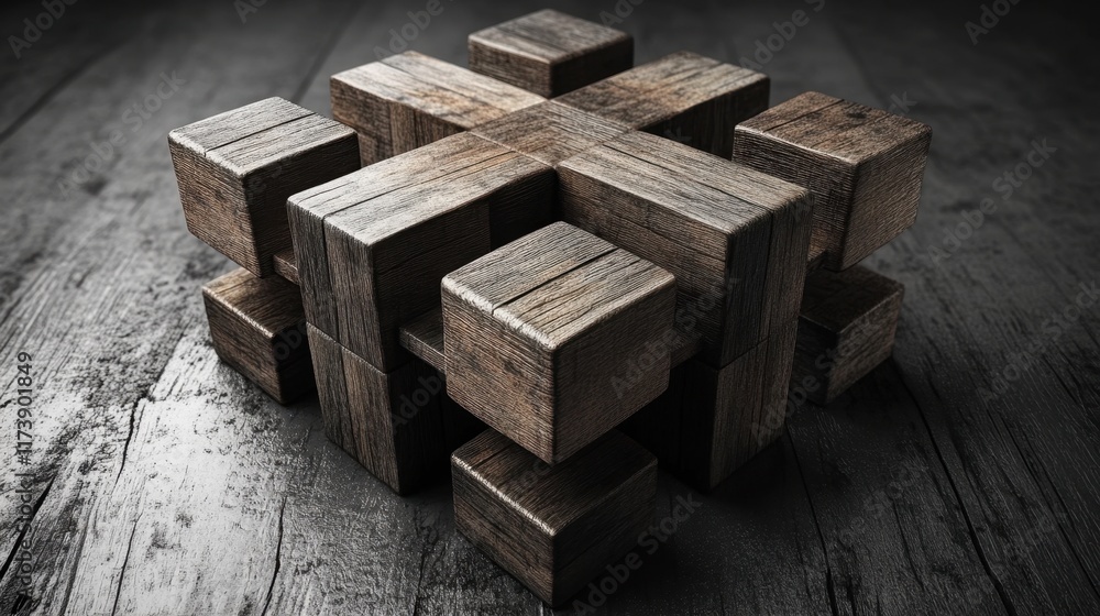 Poster artistic arrangement of wooden blocks creates an abstract sculpture in a dimly lit space, showcasing