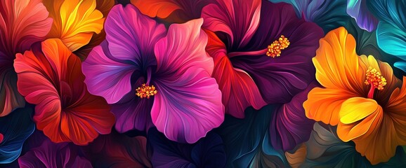 Vibrant hibiscus flowers in various colors.
