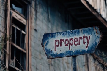 Obraz premium An old, weathered sign pointing to a dilapidated property, capturing the essence of urban decay in a forgotten corner of the city landscape.