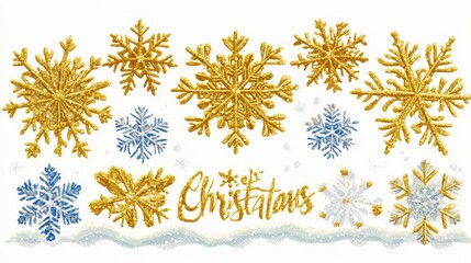 Sparkling gold and blue glitter snowflakes create a festive Christmas scene. Ideal for holiday cards, social media posts, or website banners.