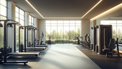 Modern Gym Interior, Empty Fitness Center Room. Equipment backdrop or Background with Copy Space