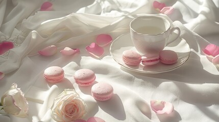This tranquil flat lay captures a lovely Valentines Day theme with pink macarons, a porcelain cup, and scattered rose petals on a white fabric background
