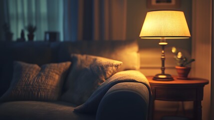 A cozy grey sofa and a glowing lamp create a warm and inviting atmosphere in the living room's interior - HD and realistic