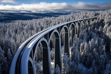Snow-covered train bridge stretches through a tranquil winter forest landscape. Generative AI