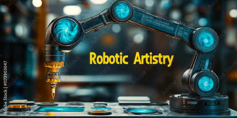Poster robotic arm creating generative art: fusion of automation and creativity in modern design