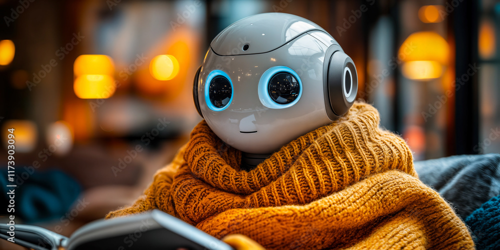 Poster ai robot in cozy environment enhancing workplace communication with advanced technology