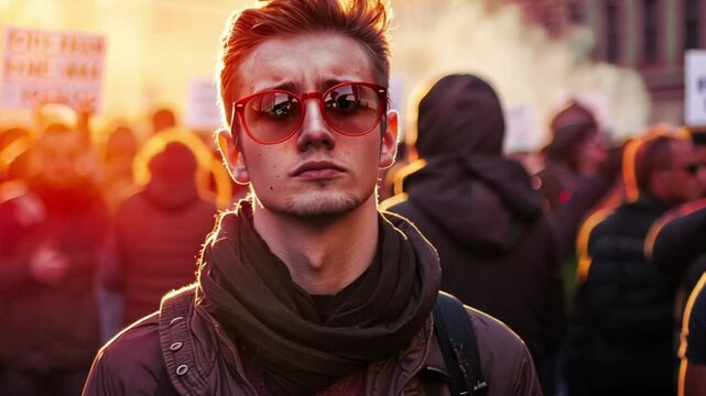 A man with sunglasses gazes confidently into the camera, exuding mystery and charisma in a vivid setting.