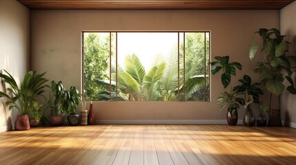 Sunlit indoor oasis with lush greenery and serene wooden flooring. Generative AI