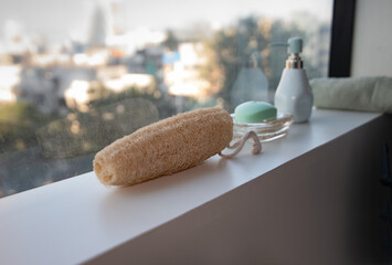 Natural Loofah Sponge  placed in a bathroom with other toiletries 