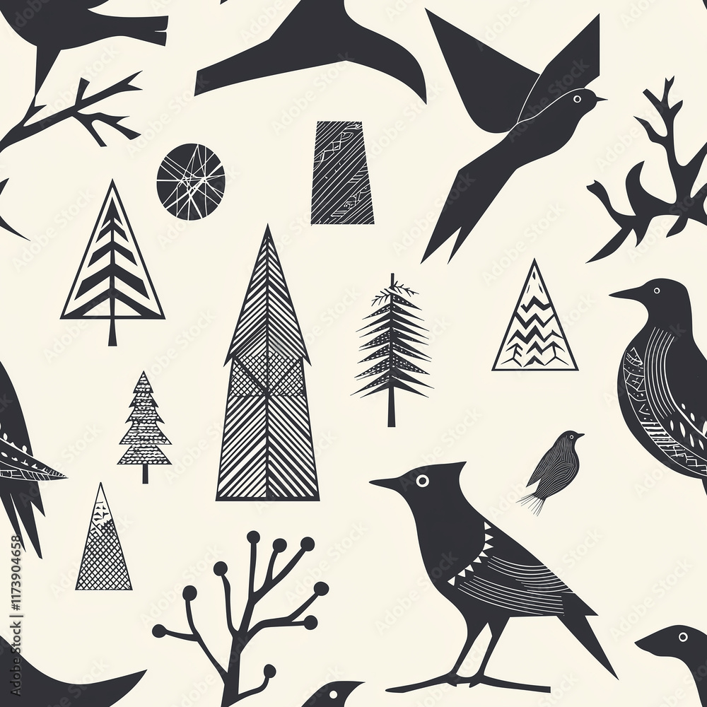Poster clean scandinavian geometrics seamless pattern featuring nature elements modern design soft colors a