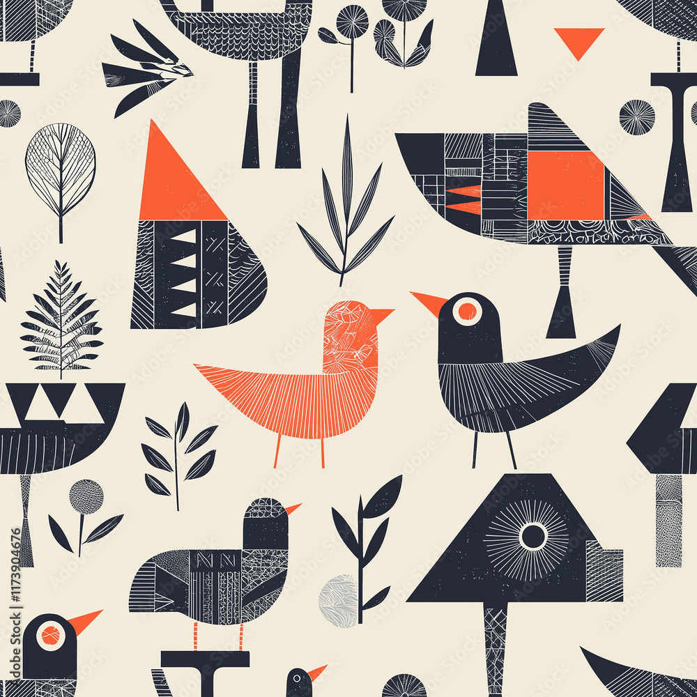 Poster clean scandinavian geometrics seamless pattern featuring birds and flora digital art design modern a