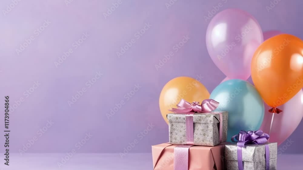 Poster Gift boxes with colorful ribbons and balloons floating on a purple background create a festive atmosphere, perfect for celebrating a birthday or other special occasion