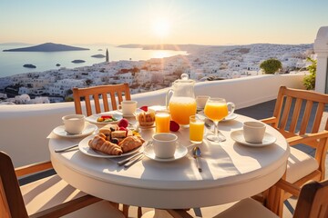 Breathtaking morning feast with a stunning Santorini view at sunrise. Generative AI
