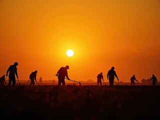 Silhouettes of farmers working in fields during a vibrant sunset