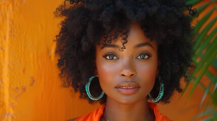 Portrait of a Woman with Curly Hair and Hoop Earrings Posed Against a Vibrant Orange Background, Highlighting Natural Beauty and Fashion Accessories in an Urban Setting