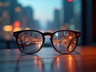 Round glasses on a wooden desk reflecting a bustling city street at dusk