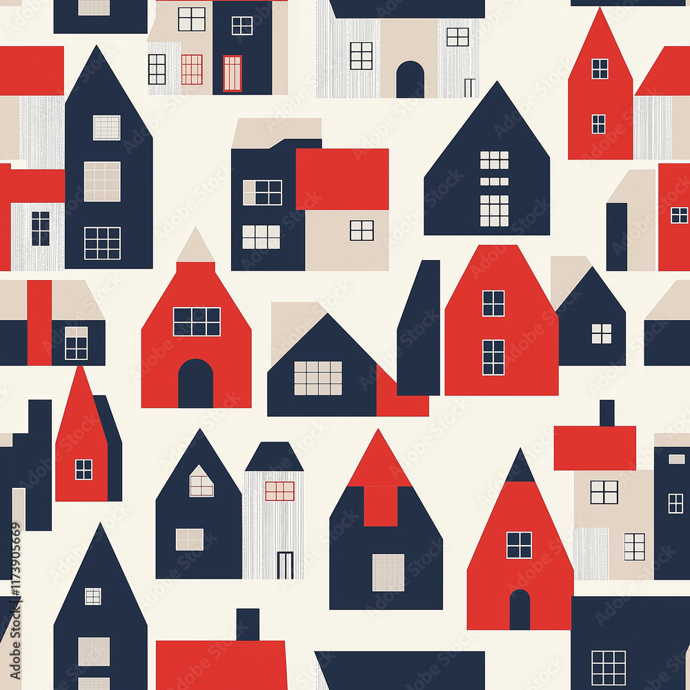 Poster clean scandinavian geometrics seamless pattern of colorful houses on neutral background modern desig
