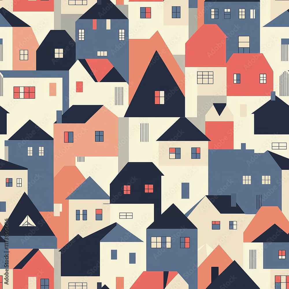 Poster clean scandinavian geometrics seamless pattern of colorful houses in a modern urban environment