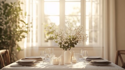 Fototapeta premium Sunlit dining table set for a meal with white flowers.