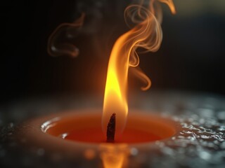 Extreme closeup of a burning candle reveals intricate flame details and glowing wax