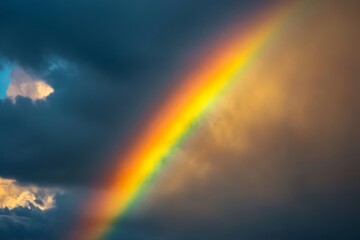 Fototapeta premium rainbow arching across a stormy sky, with sunlight breaking through dark clouds, minimal background with copy space