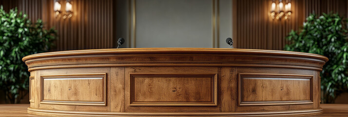 Classic Wooden Podium: A sleek, polished wooden podium with a built-in microphone system, softly illuminated from below, isolated on a transparent or bright background,