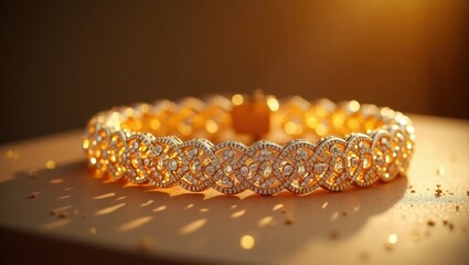 Closeup view of a luxurious golden bracelet adorned with sparkling diamonds and intricate designs