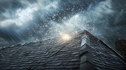 Slow-motion scene of a hailstone striking a weathered shingle roof, showcasing the force of the impact as cracks and indentations form instantly. Rainfall. Illustration