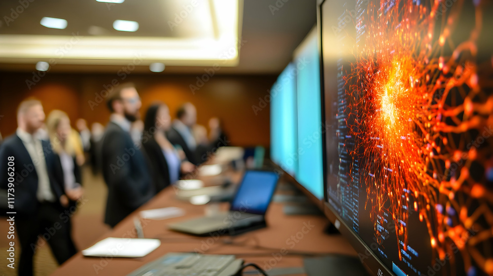 Wall mural attendees at a technology conference observe captivating data visualizations on large screens