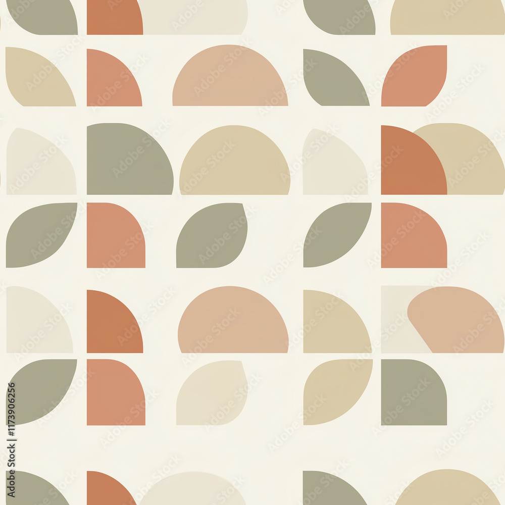 Poster geometric pattern featuring soft pastel colors and abstract leaf shapes on a light background, ideal