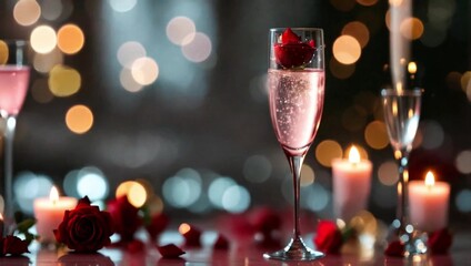 Elegant pink cocktail with candles and decorations - Motion animation.