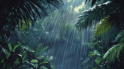 Tropical rainforest scene with heavy rainfall and lush vegetation from low angle view. Rainfall. Illustration