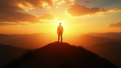 Fototapeta premium Person stands on a mountain peak against a stunning sunset backdrop with vibrant colors
