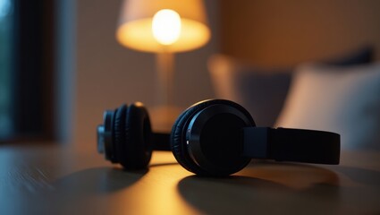 Sleek set of black headphones resting on a wooden table beside a warm lamp at night