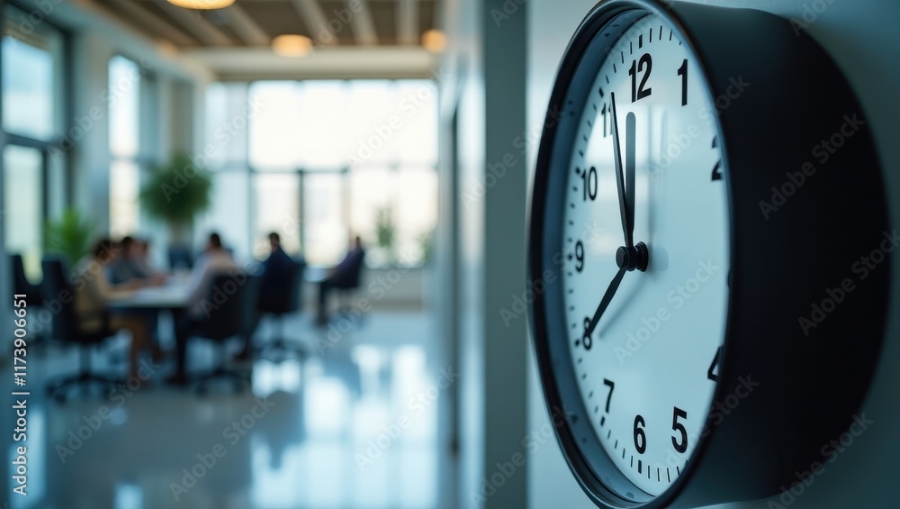 Poster closeup of a clock displaying 11:00 in a modern office setting with colleagues collaborating in back