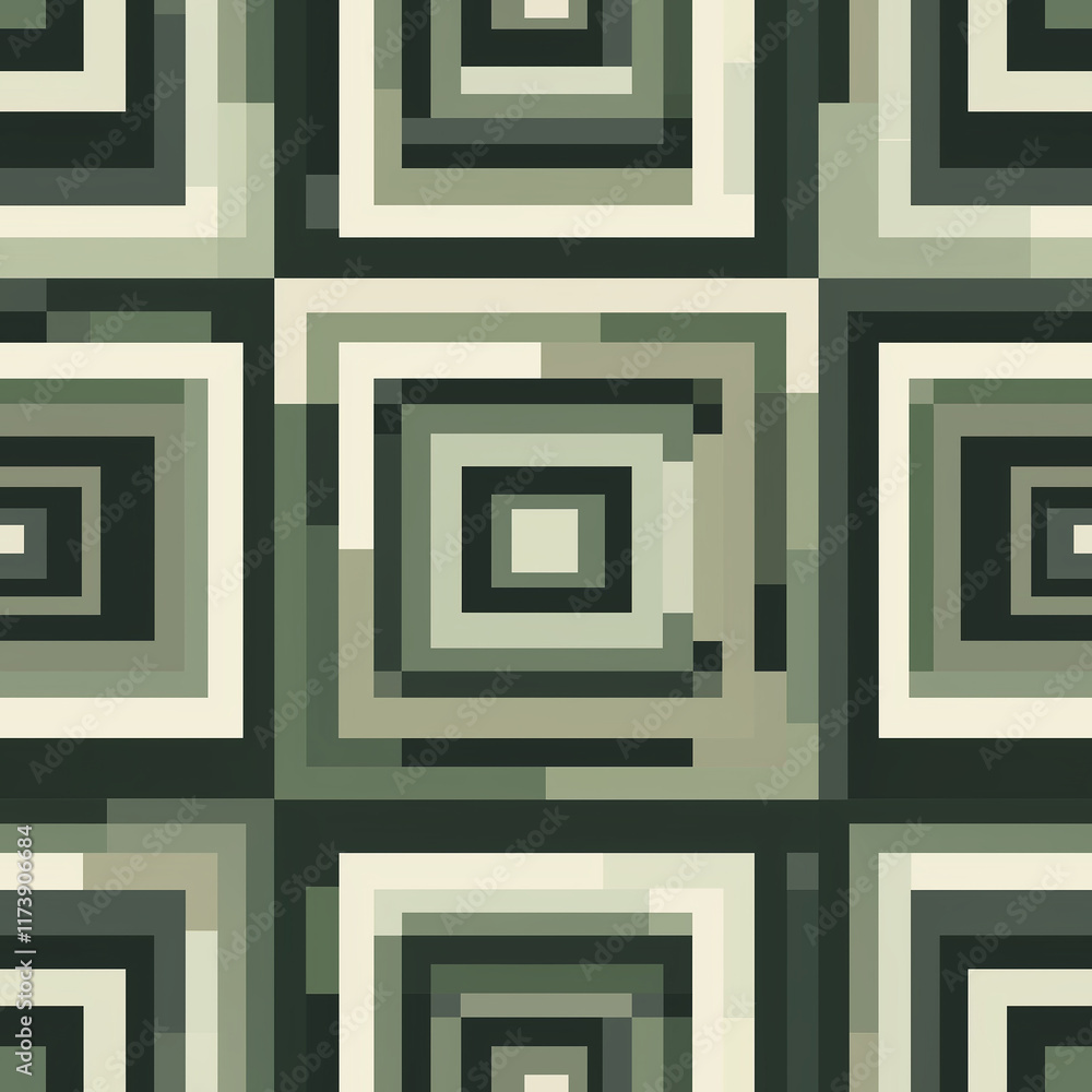 Poster geometric pattern featuring concentric squares in varying shades of green and beige, creating a mode