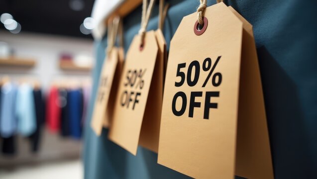 Closeup of discount tags indicating 50 percent off sale in retail store during shopping season