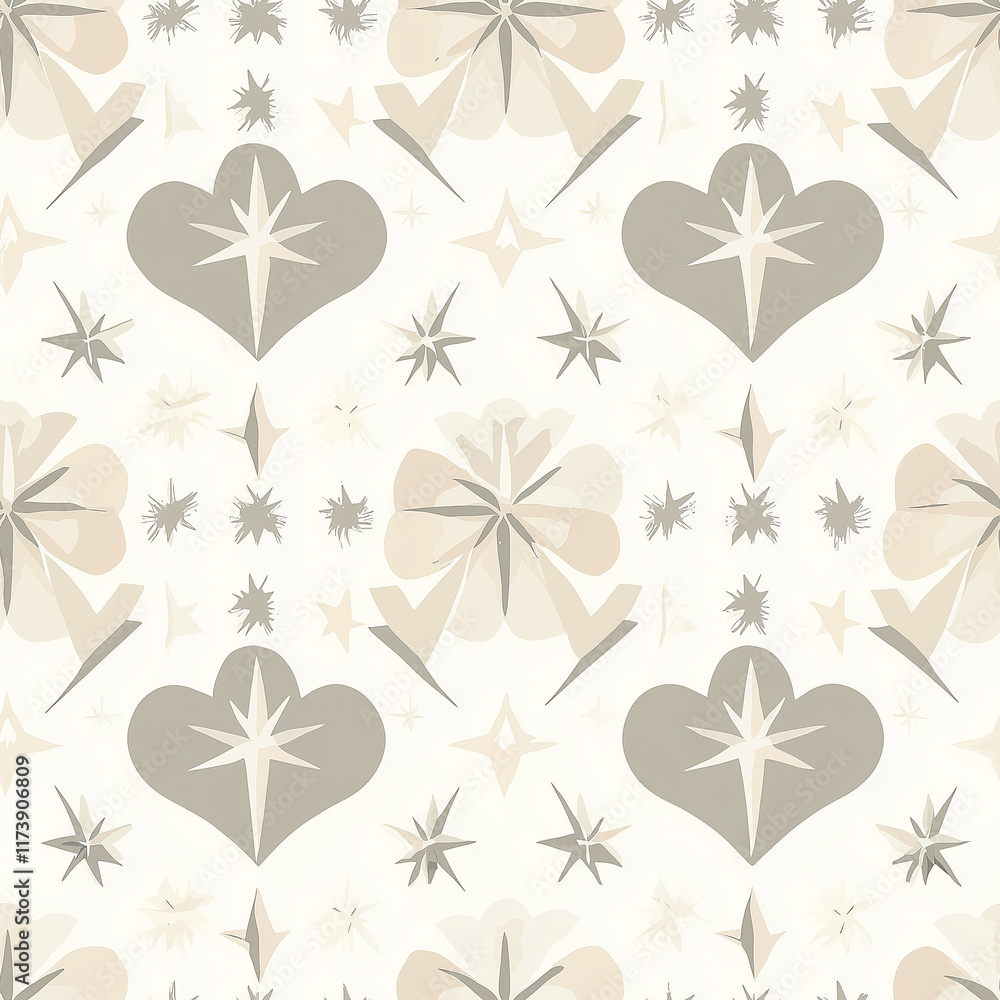 Poster pattern featuring abstract hearts and stars in soft, muted tones on a light background, creating a w