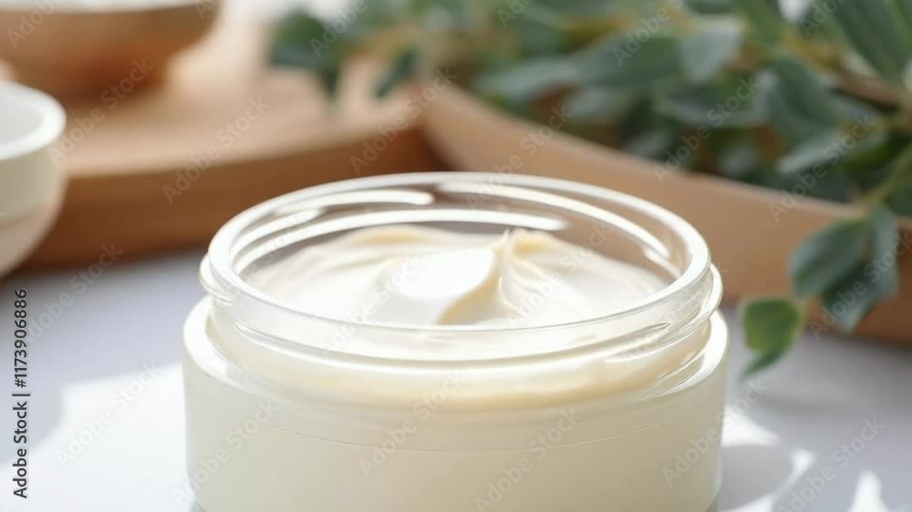 Poster Open jar of moisturizing body cream displaying smooth texture is surrounded by natural elements, creating a serene spa atmosphere promoting relaxation and skincare