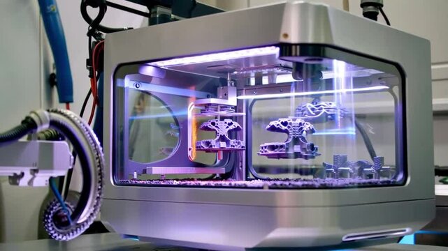 Futuristic 3D printer using laser sintering technology to craft intricate metal parts, with sparks flying as the laser fuses powder into solid objects, showcasing advanced manufacturing.