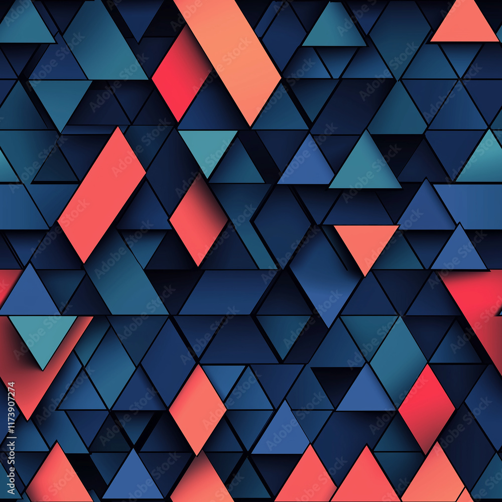 Poster dynamic geometric pattern featuring colorful triangles and rectangles in vibrant hues of blue, coral