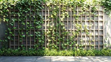 Lush green ivy climbing a wooden trellis wall.