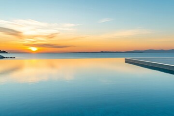 view from luxury hotel terrace to a calm sea reflecting a vibrant, orange-hued sunset sky, creating a tranquil and picturesque view, minimal background with copy space