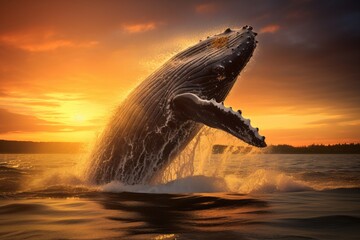 Fototapeta premium Majestic whale breaches the surface at sunset near tranquil waters. Generative AI